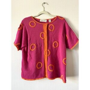 Vintage 80s  Lisa Nichols Pink  Orange Knit Top  cardigan Geometric coastal  XL